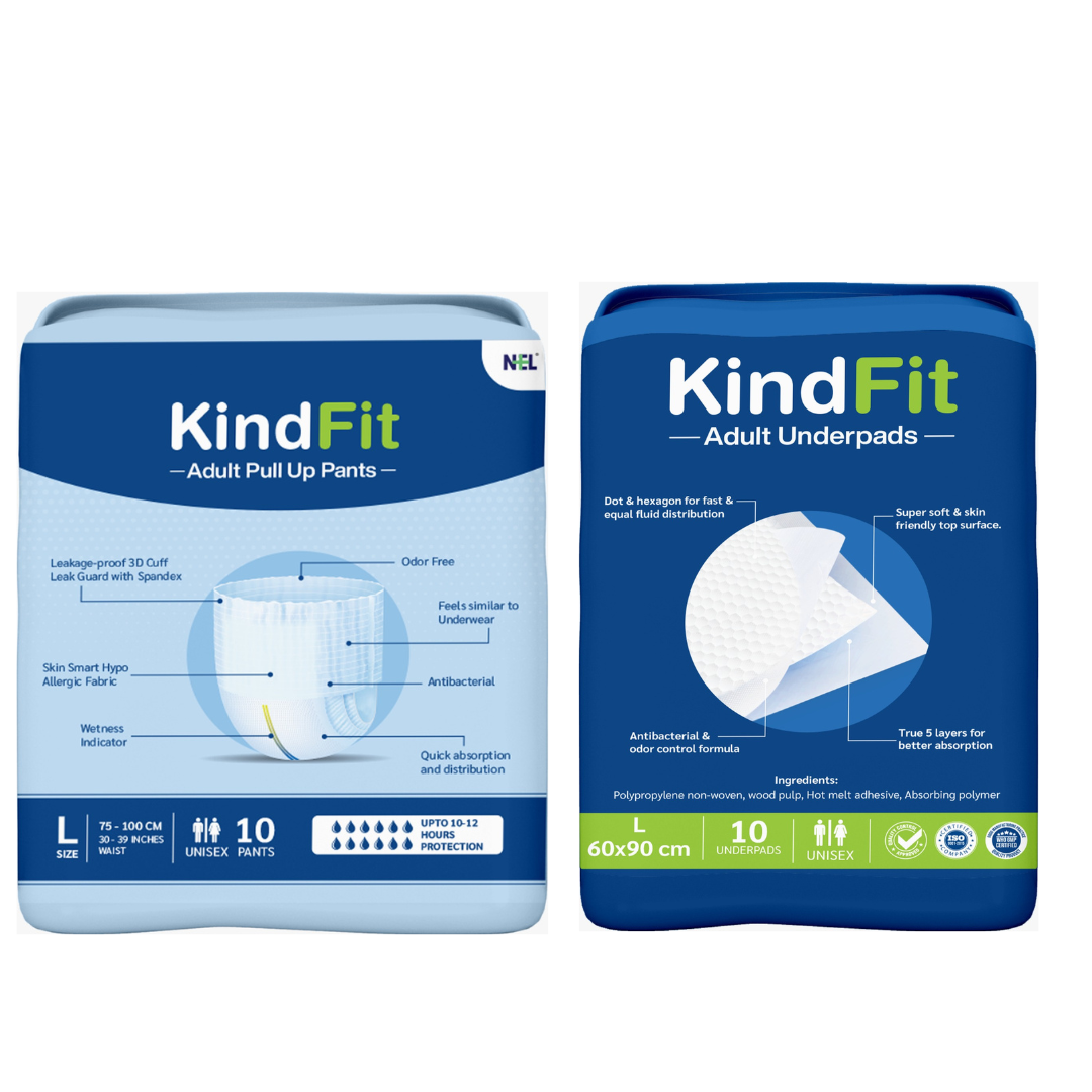 Back View of Two packages of KindFit adult products on a white background
