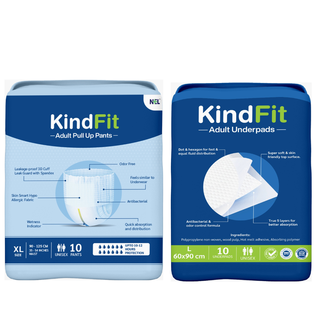 Back View of Two packages of KindFit adult products on a white background