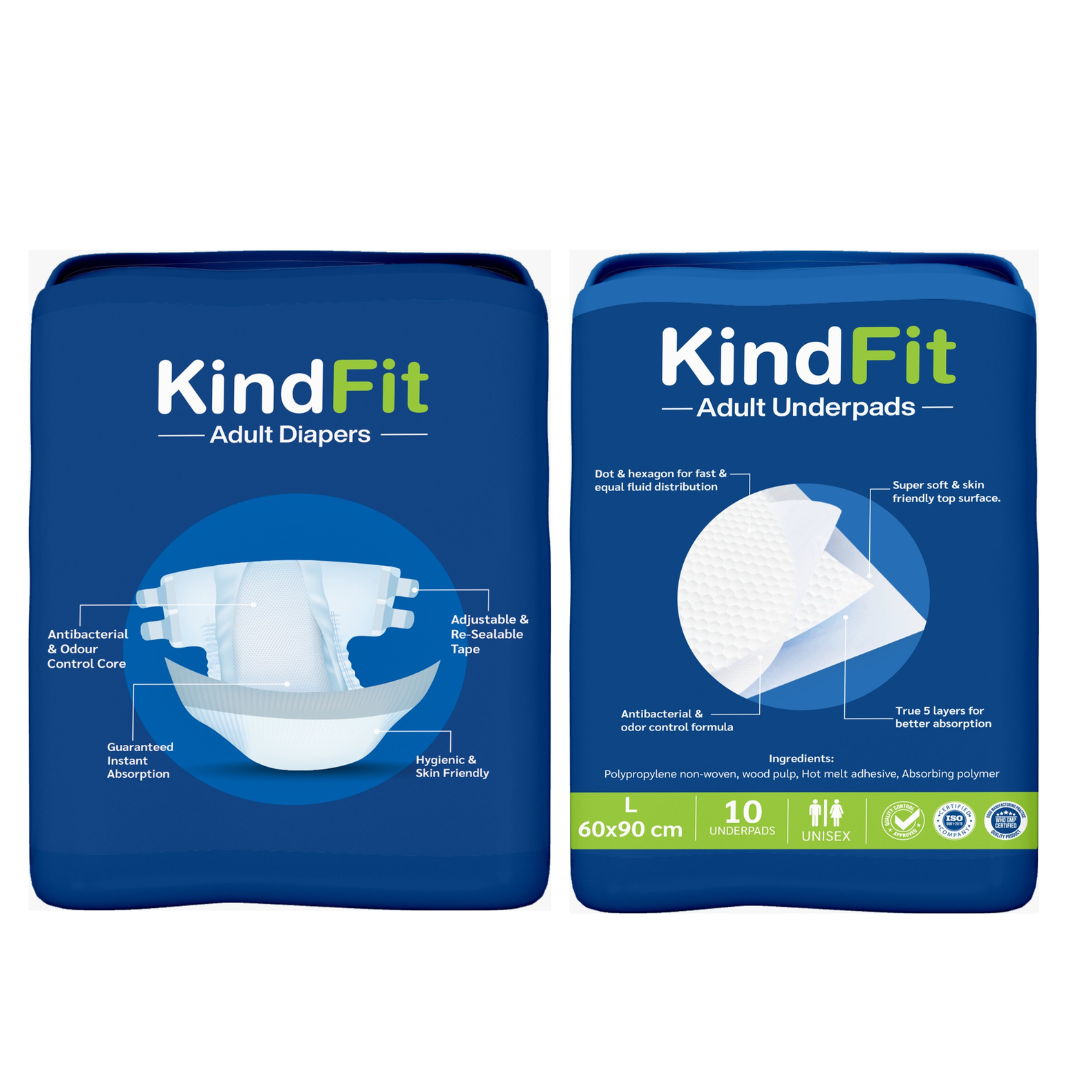 Back View Of Two packages of KindFit adult diapers and underpads on a white background