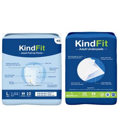 Back View of Two packages of KindFit adult products on a white background