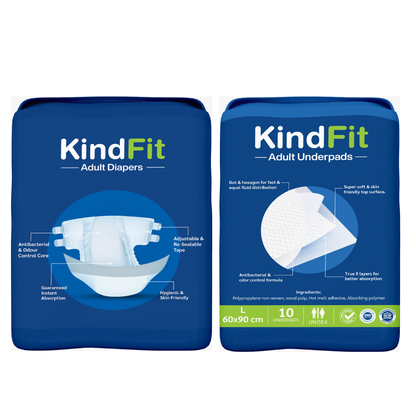 Back View Of Two packages of KindFit adult diapers and underpads on a white background

