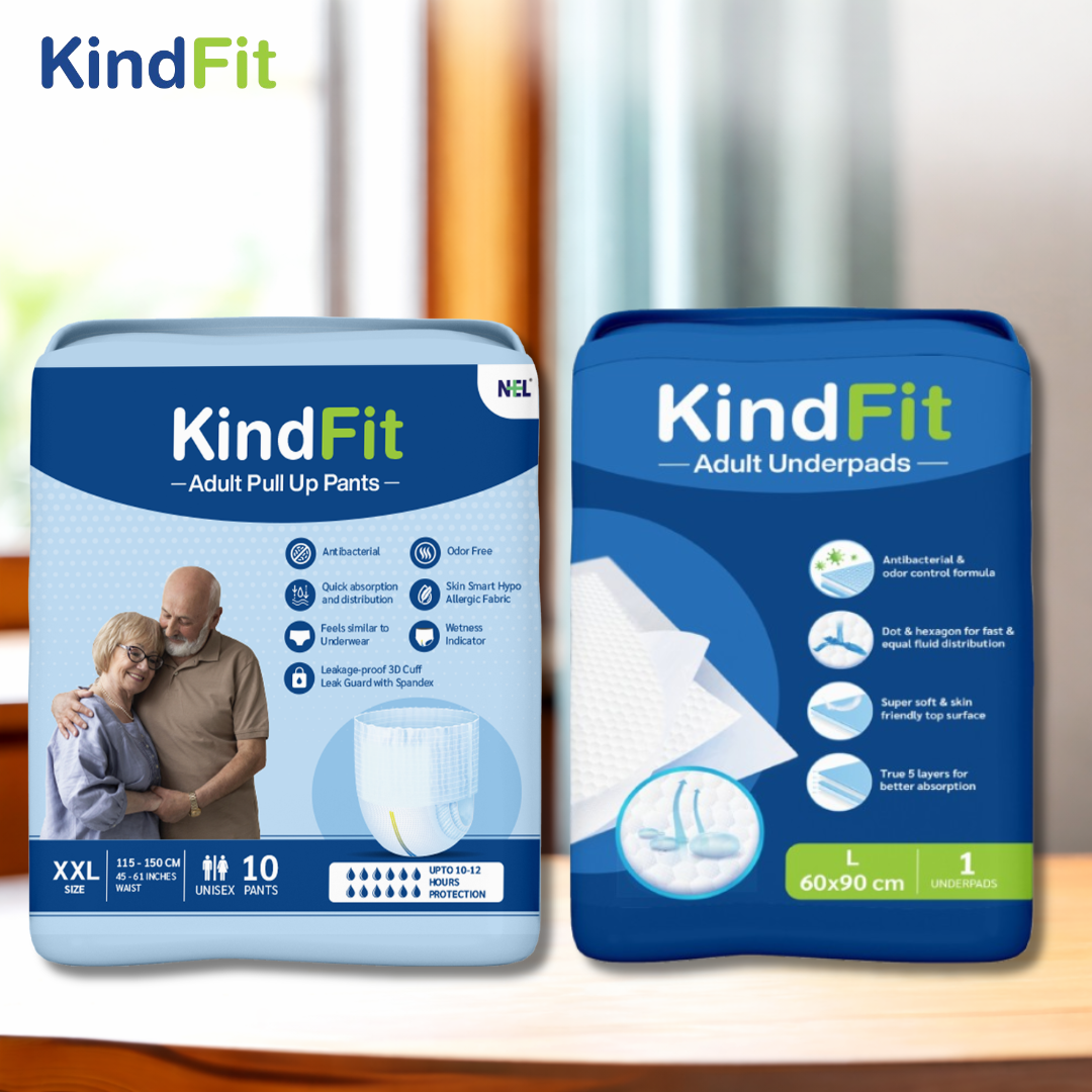 Front View Two packages of KindFit adult products on a blurred background

