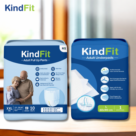Front View Two packages of KindFit adult products on a blurred background

