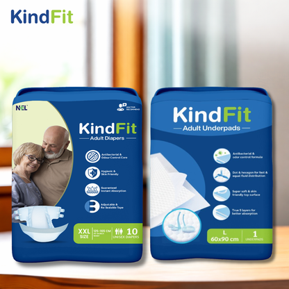 Front View Two packages of KindFit adult diapers and underpads on a wooden surface.

