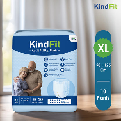 KindFit adult pull up pants packaging on a wooden surface with a blurred curtain background

