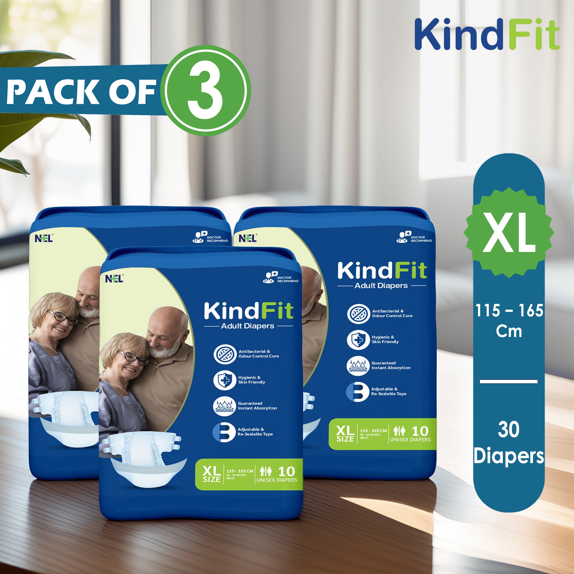 Three packs of KindFit adult diapers with packaging details on a table.


