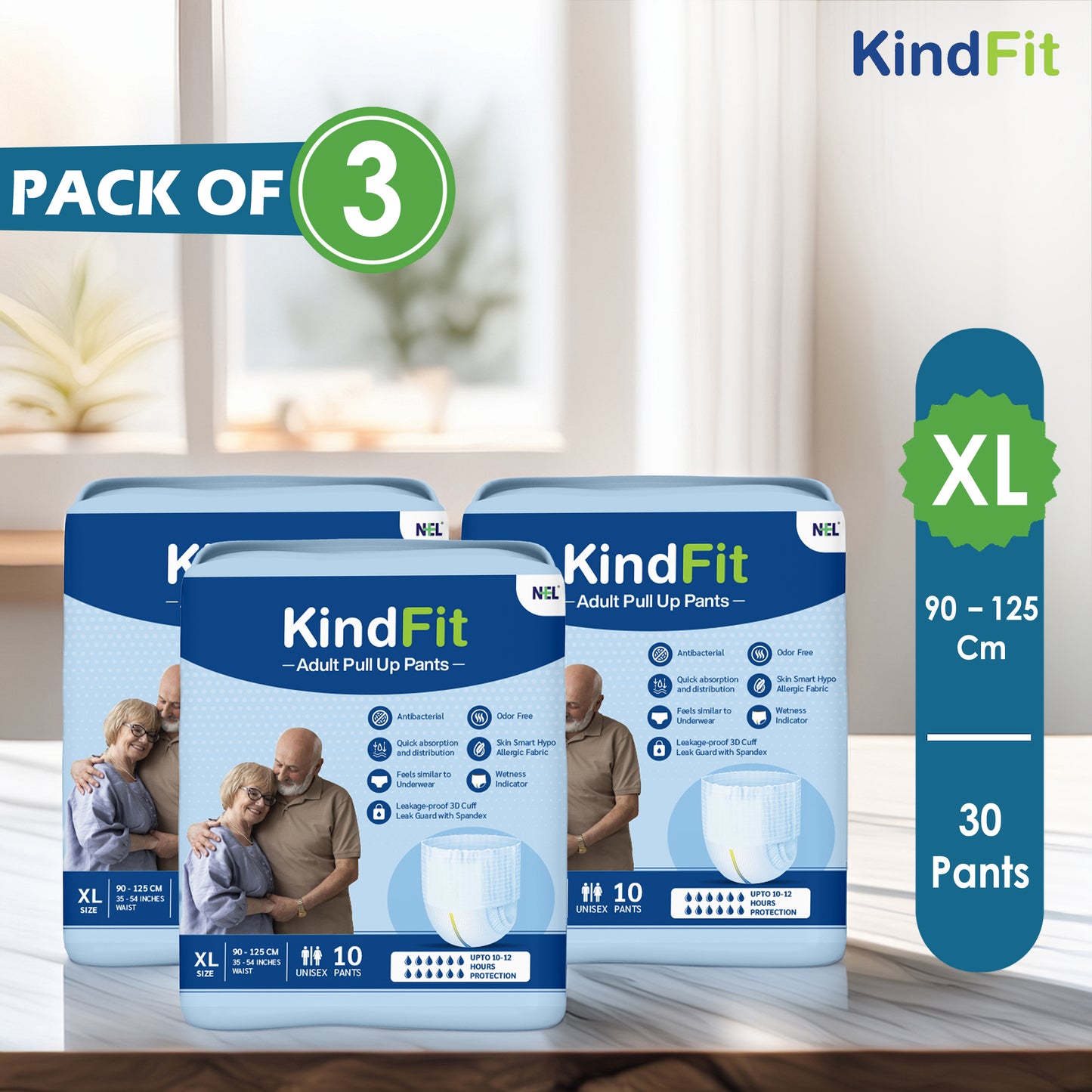 Three packs of KindFit adult pull-up pants with packaging details on a neutral background.

