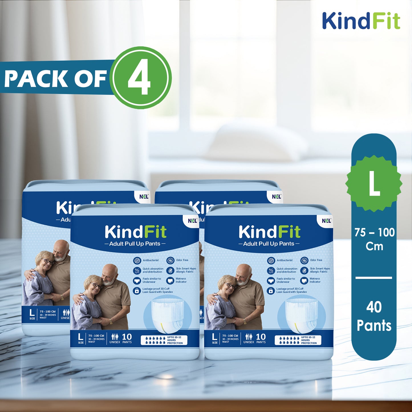 Pack of 4 KindFit adult pull-up pants on a marble surface with a neutral background

