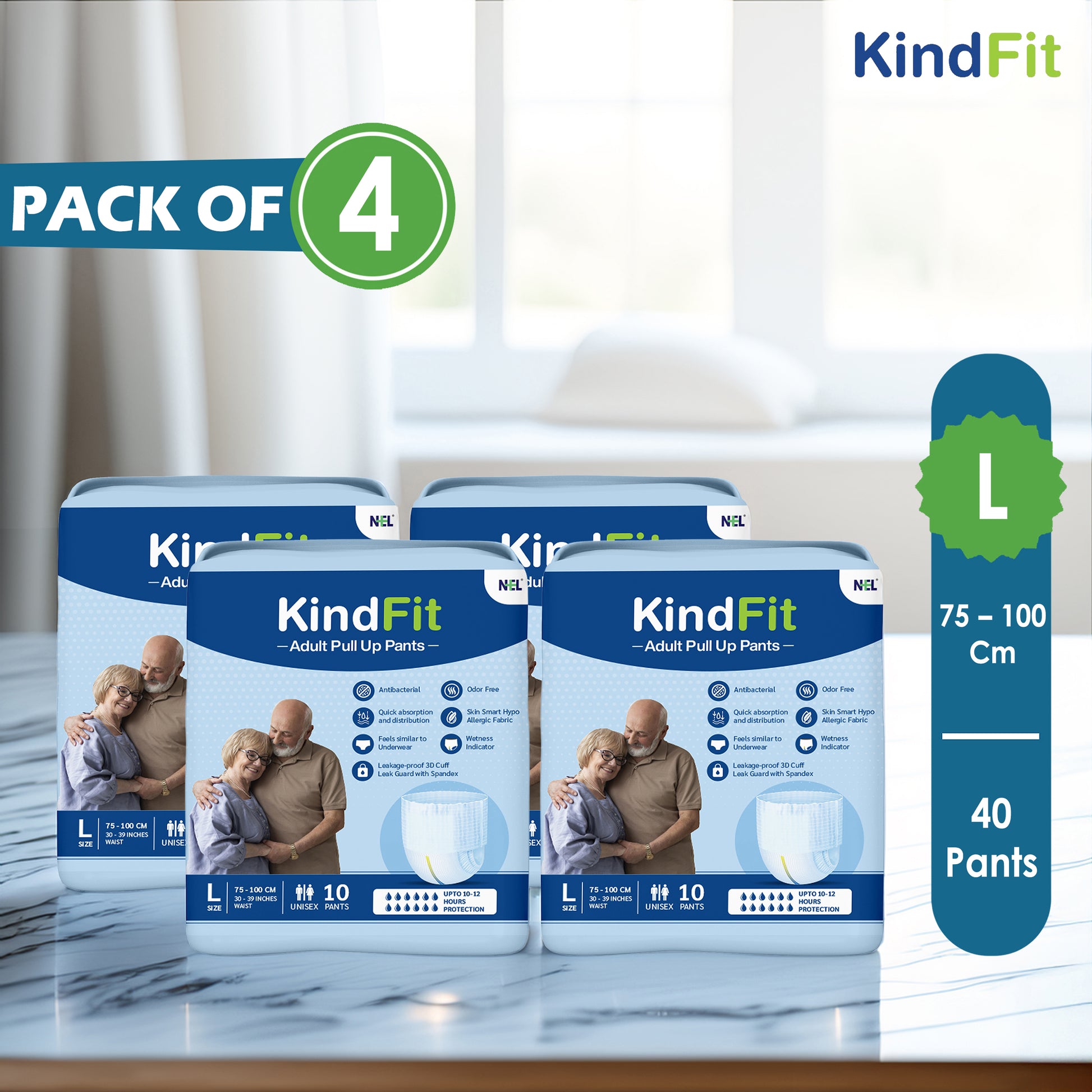 Pack of 4 KindFit adult pull-up pants on a marble surface with a neutral background

