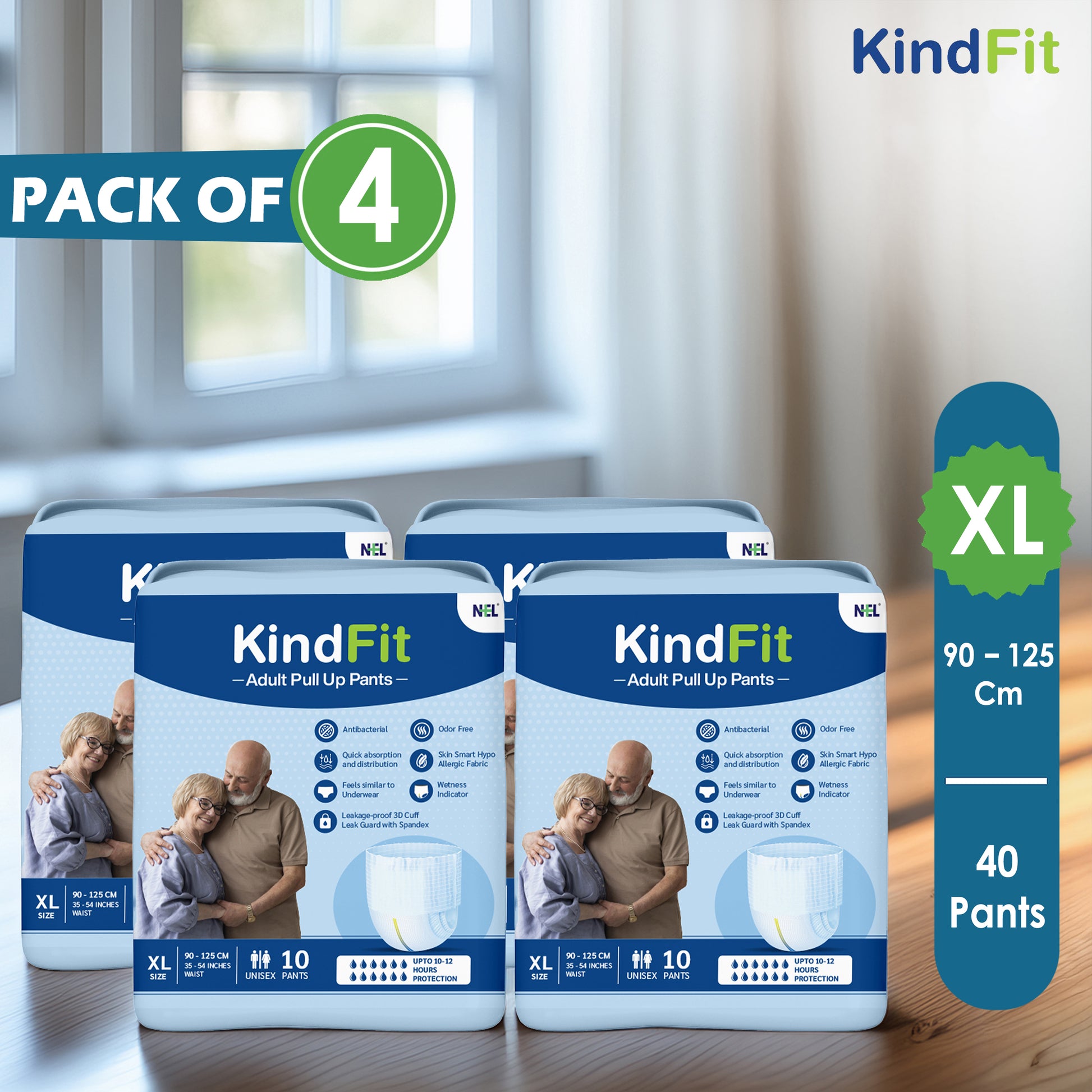 Packaging of KindFit adult pull-up pants with a family image on a wooden surface.

