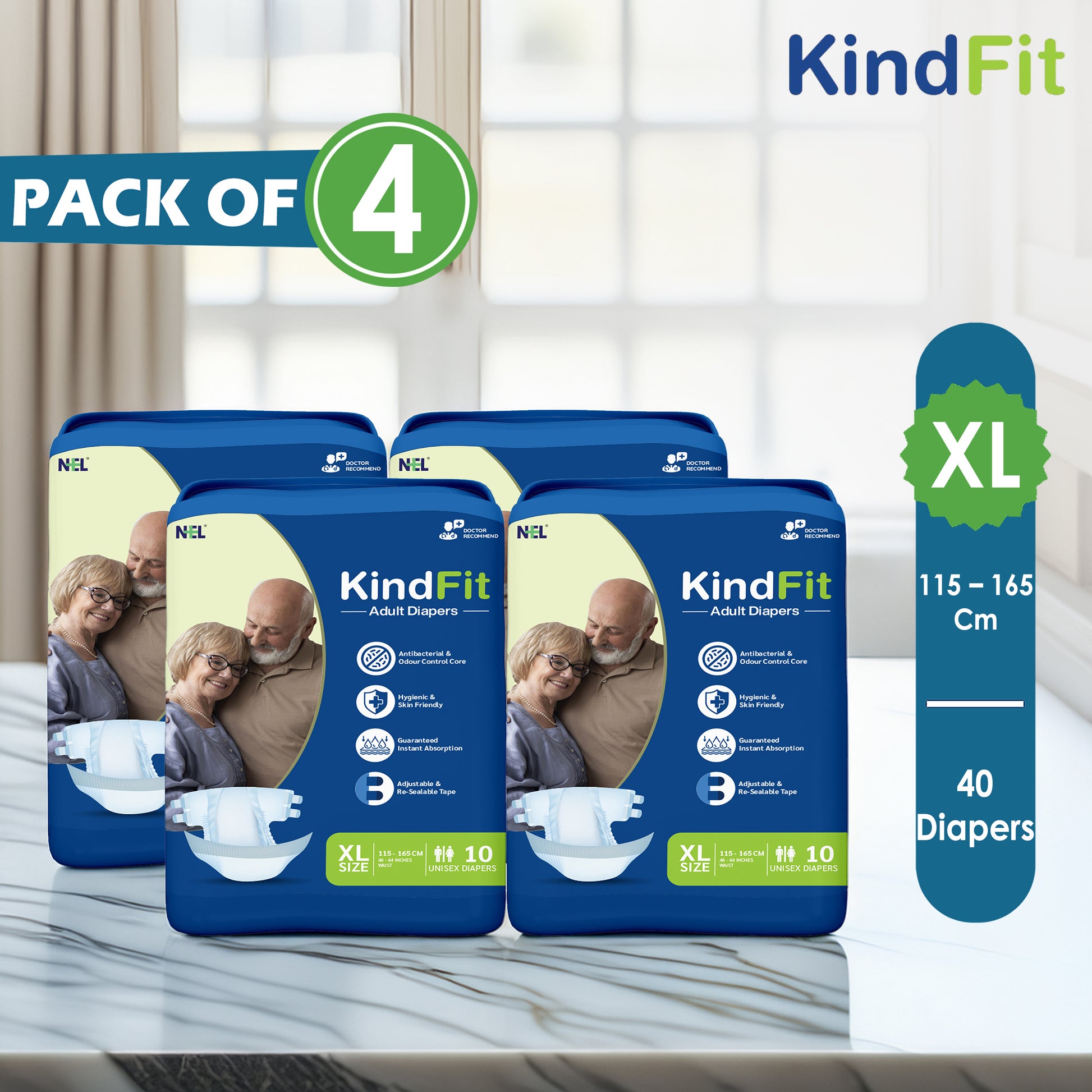 Pack of KindFit adult diapers with packaging details on a neutral background

