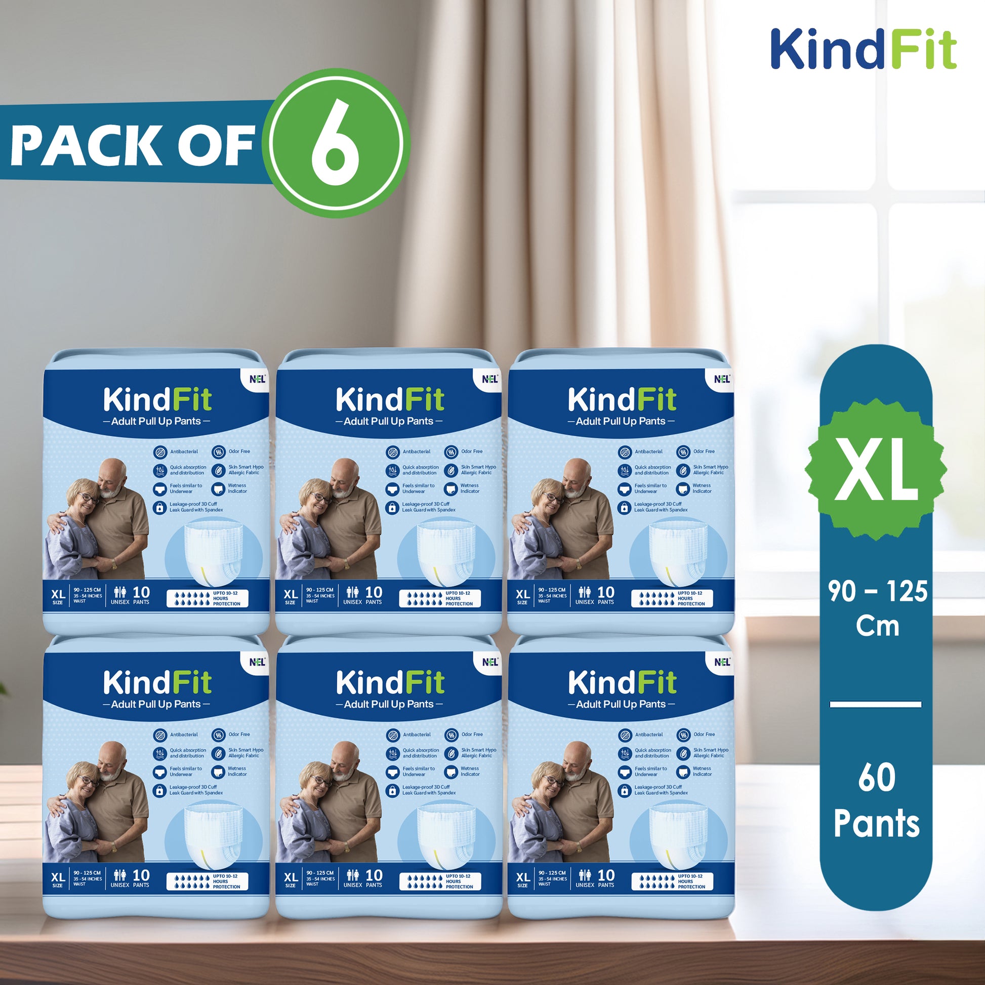 Pack of six KindFit adult pull-up pants boxes with a size chart on a neutral background.

